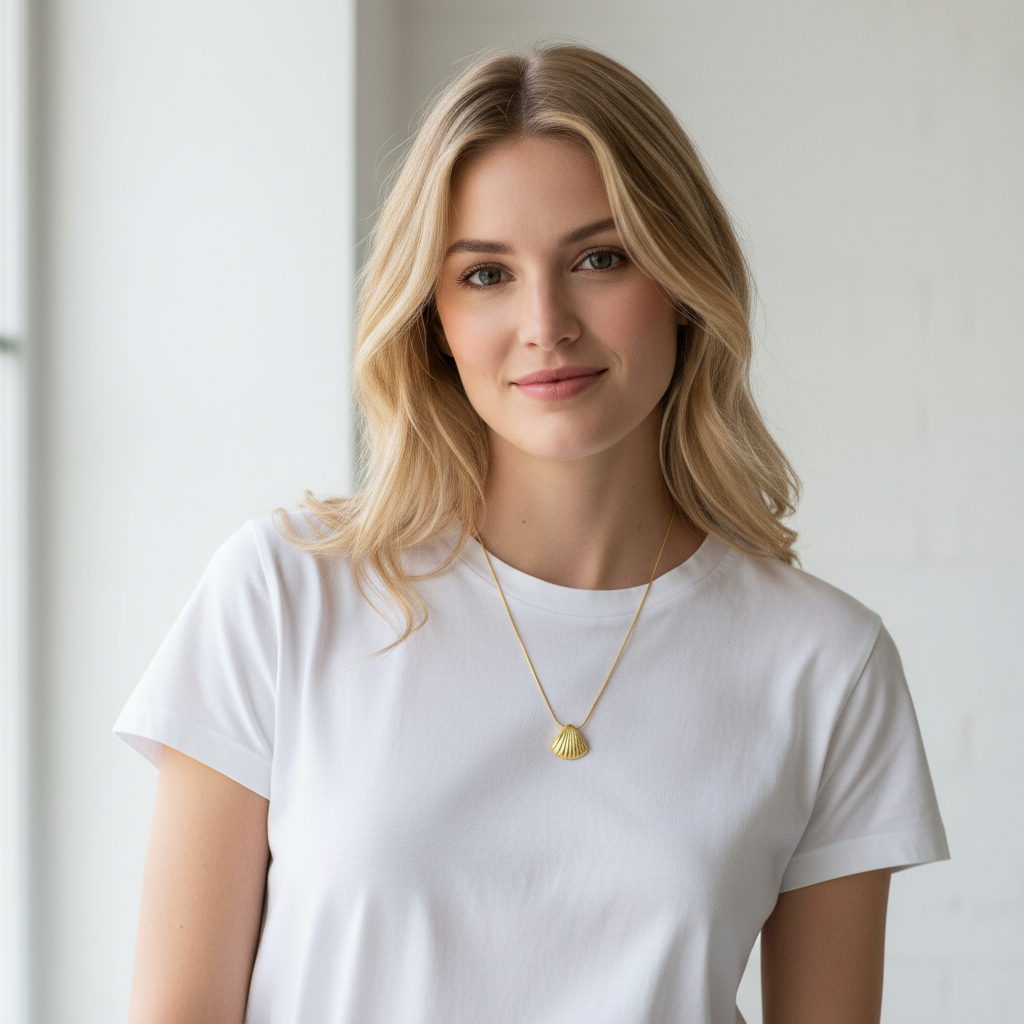 Aurora Shell Gold 18K gold plated 925 silver necklace, shown on a model wearing a white t-shirt.