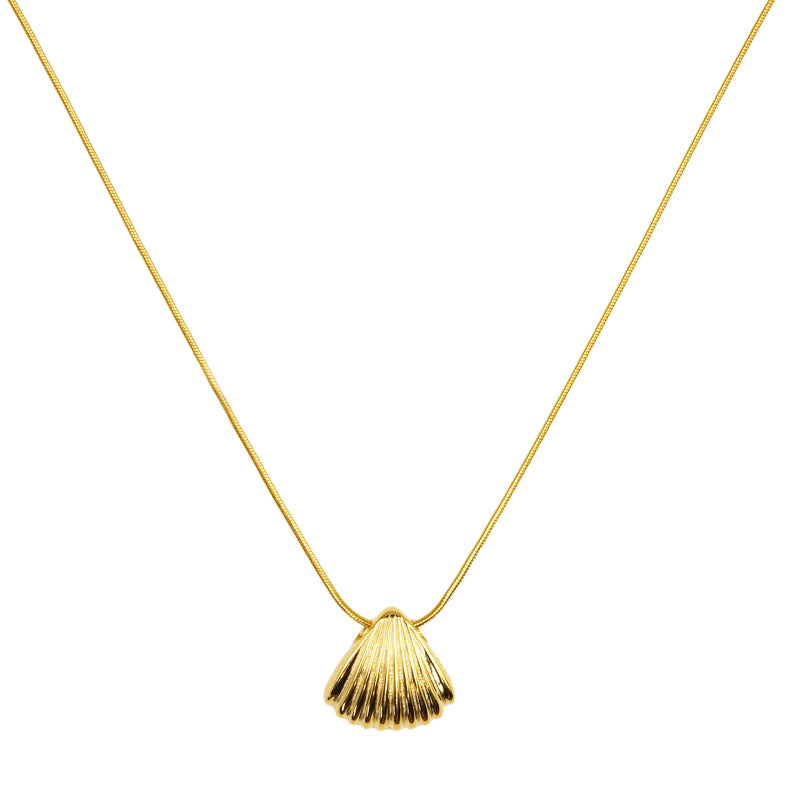 Aurora Shell Gold, an 18K gold plated 925 silver necklace, featuring a ridged shell pendant on a snake chain, shown flat lay.