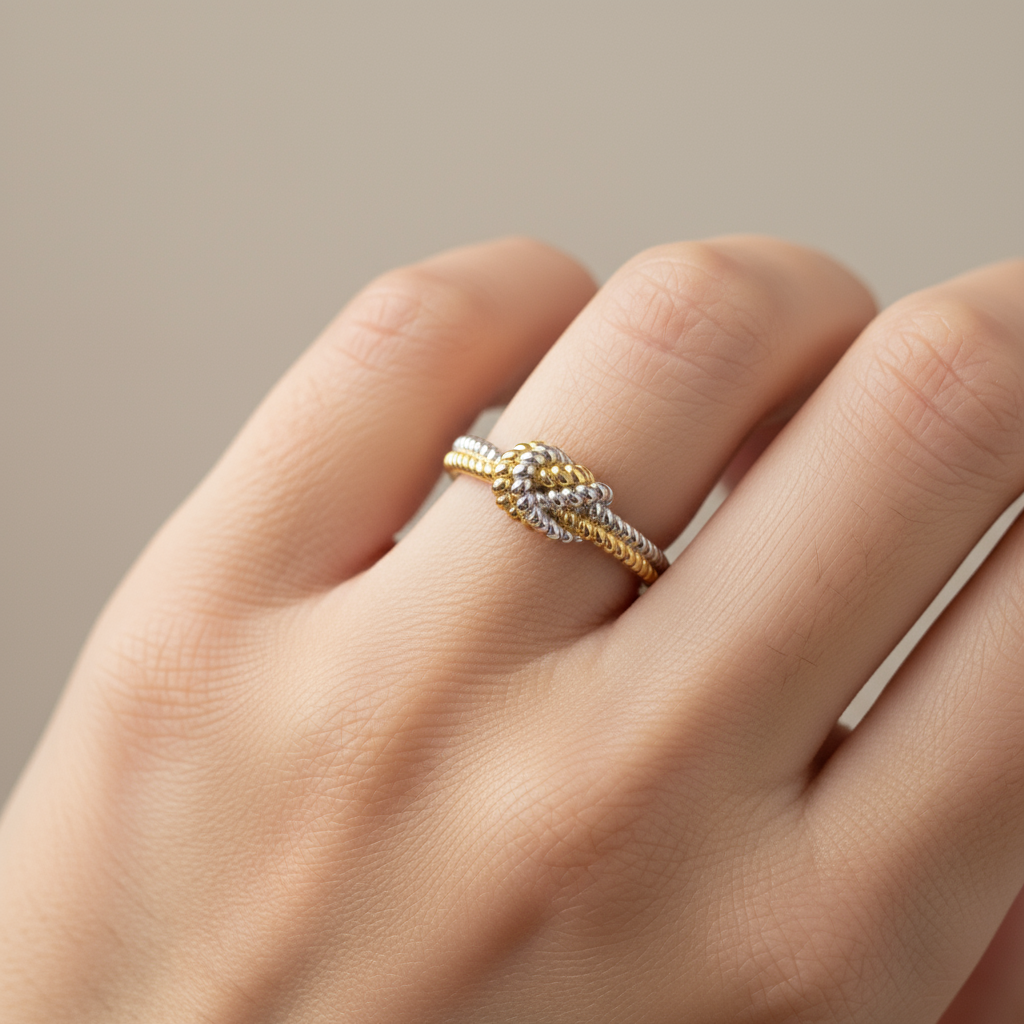 Sailor Rope Ring, a 925 silver ring with twisted rope texture, shown stacked on a hand.
