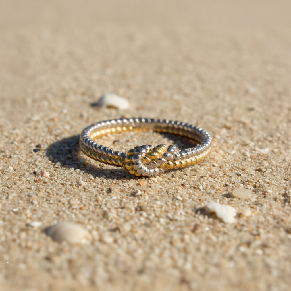 # Sailor Rope Ring in 925 silver with twisted rope design on sandy beach