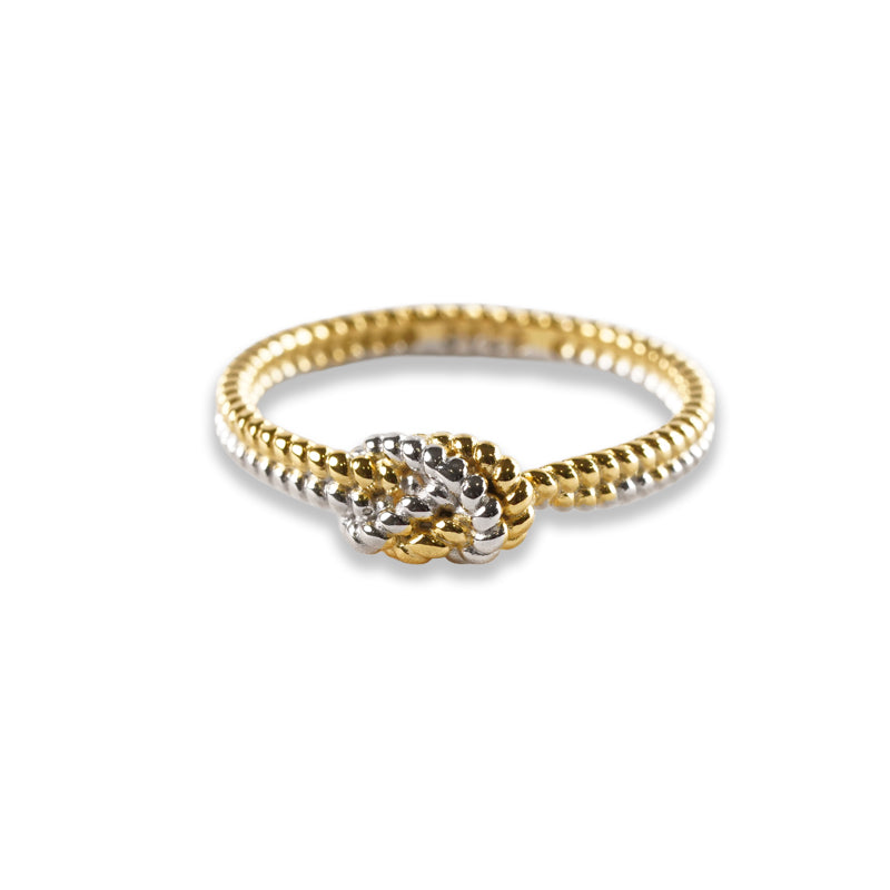 Sailor Rope Ring, a 925 silver ring with gold and silver rope-textured band and twisted knot detail, shown at an angle.