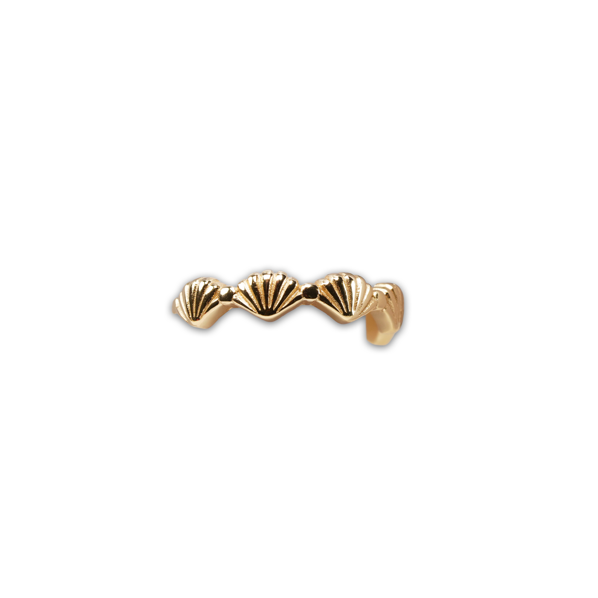 Scallop Shell Ring, a 14K gold plated 925 silver ring featuring three scalloped shell designs, shown on a flat surface.