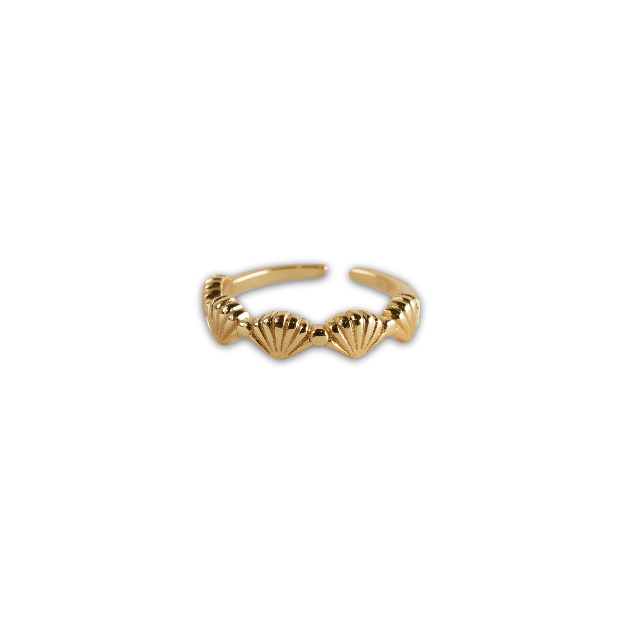 Scallop Shell Ring, a 14K gold plated 925 silver ring with repeating shell motifs, shown from a front angle.