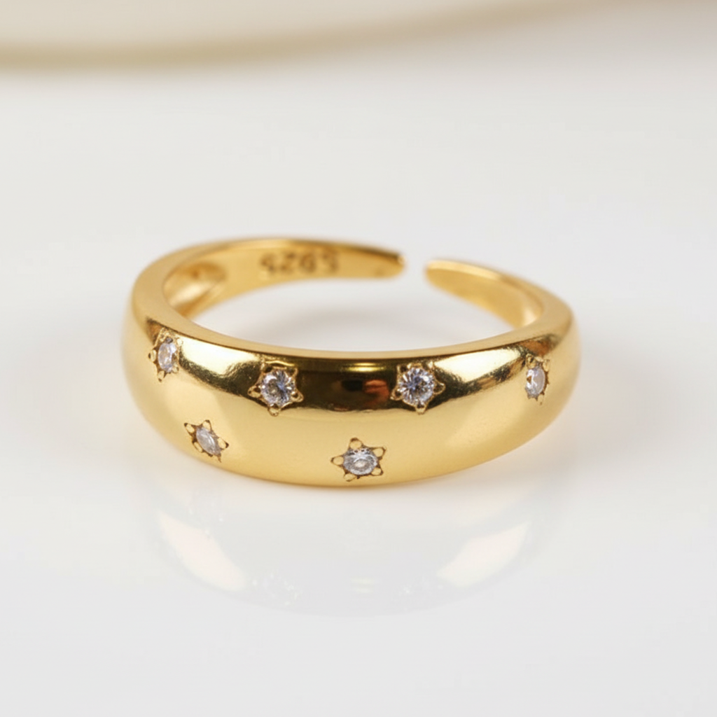 Gold plated 925 silver Zara Ring with small clear crystal stones, adjustable band