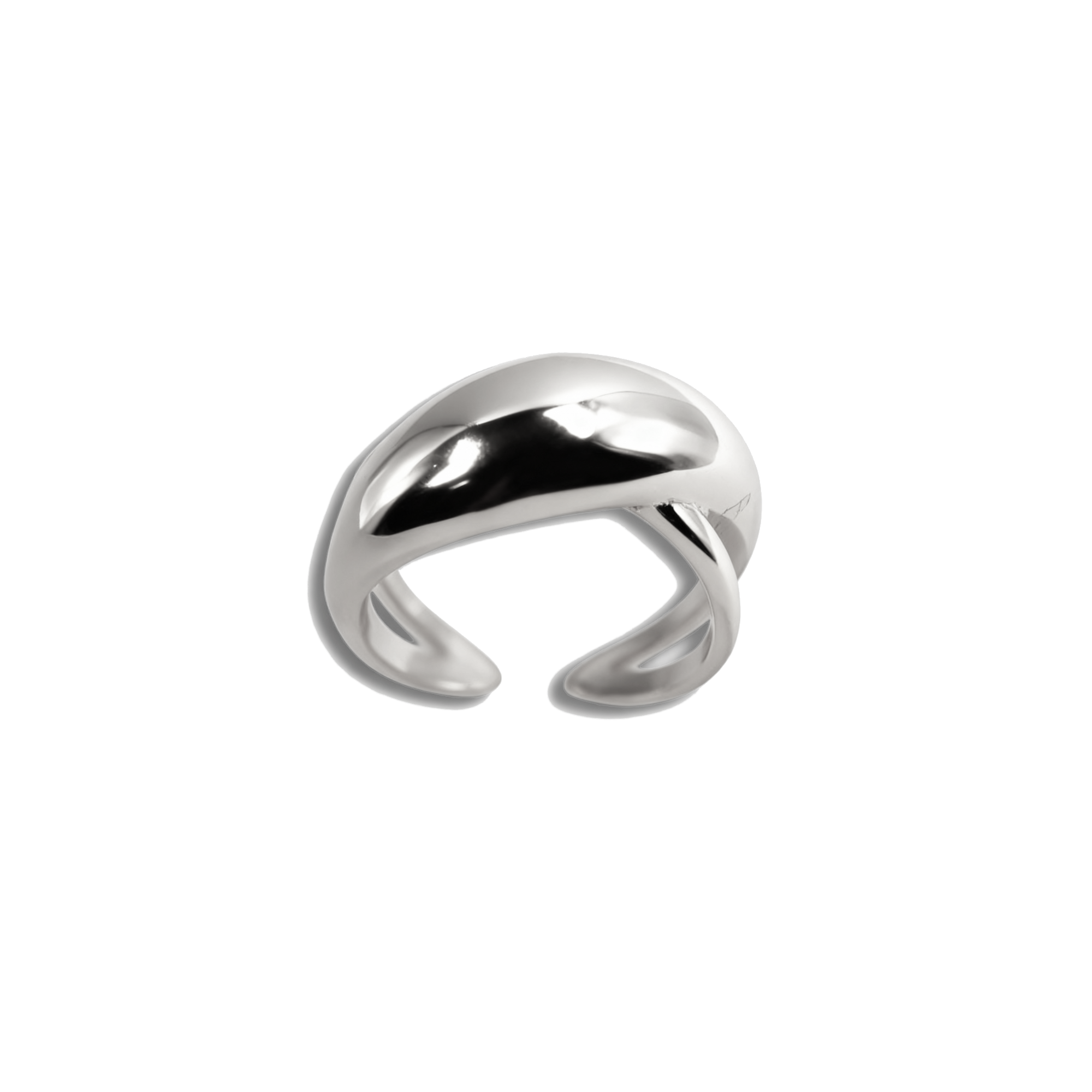 Celeste Ring- Silver, a 925 silver ring with an open cuff design and curved overlapping bands, shown at an angle.