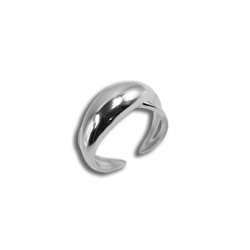 Celeste Ring- Silver, a 925 silver ring with a smooth domed band and open back, shown at an angle.