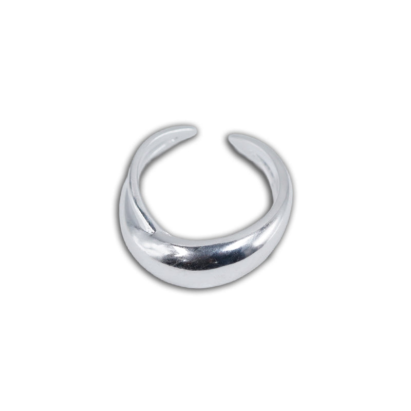 Celeste Ring- Silver, a 925 silver ring with a smooth, wide open band design, shown at an angle.