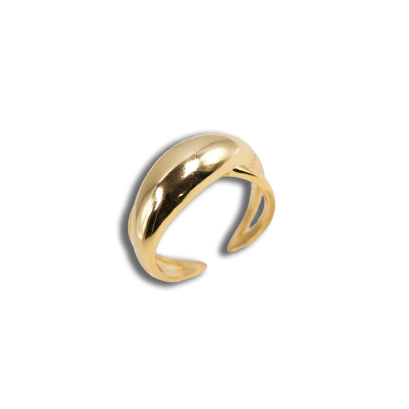 18K Gold plated 925 Silver ring with a smooth, domed design and open back, shown at an angle.