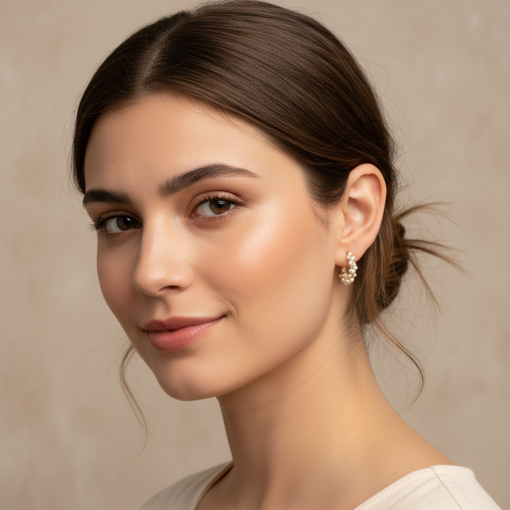 Sea Whisper Earrings, 14K gold plated 925 silver earrings, shown worn on model's ear.