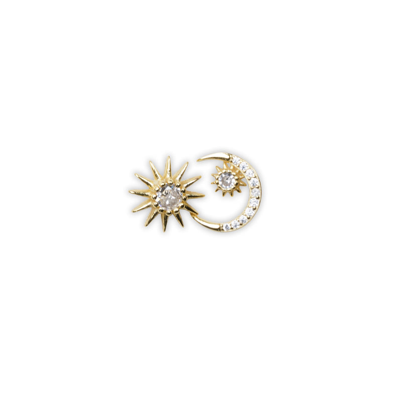 Harmony Earrings-Gold, an 18K gold plated 925 silver earring featuring a sun and moon design with crystal accents, shown flat.