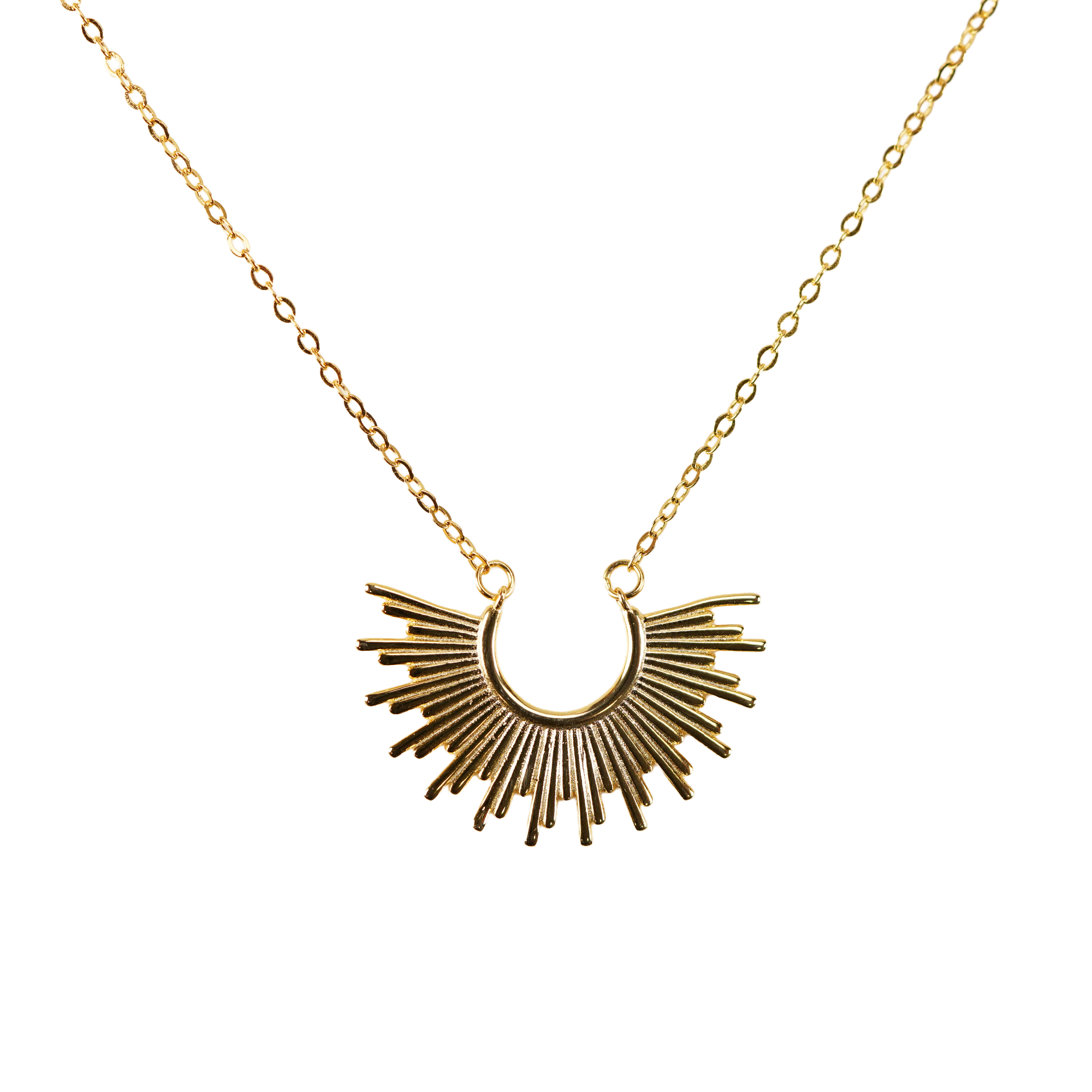Inti Necklace 18k-Gold, an 18K gold plated 925 silver necklace with a sunburst pendant, shown on a flat lay.