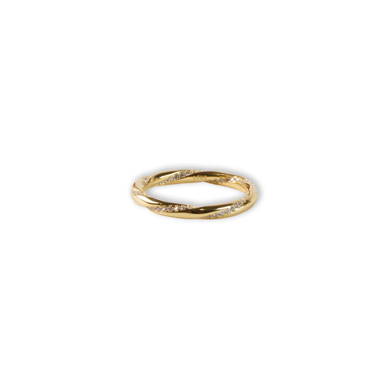 Venus Twisted Ring-Gold, an 18K gold plated 925 silver ring with a twisted band design, shown at an angle.