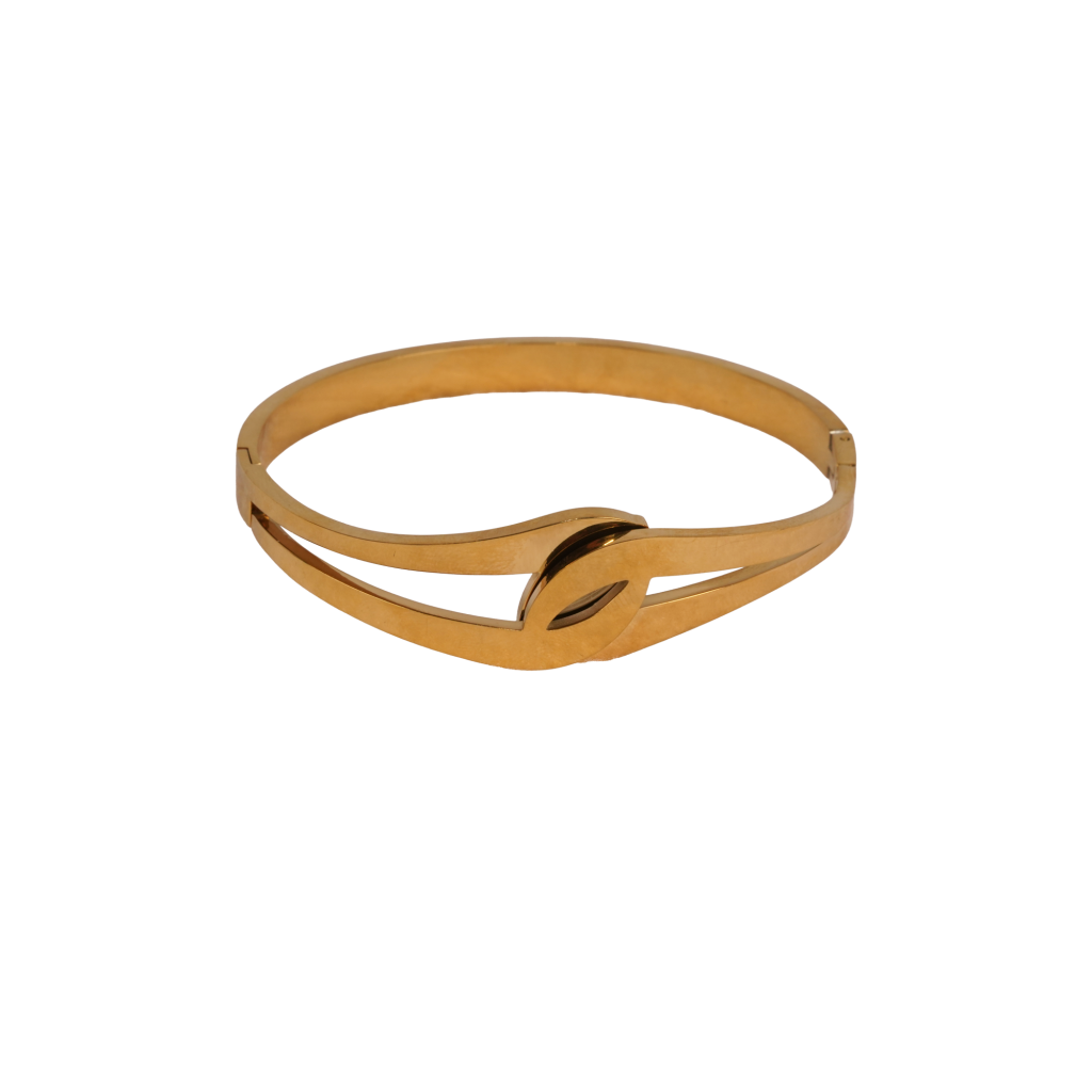 Gold-plated stainless steel Arabella Bangle with twisted knot design on black background.