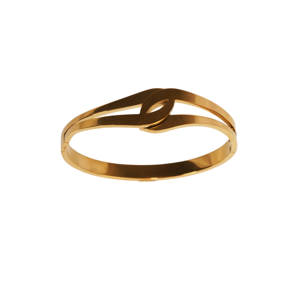 Gold-plated stainless steel Arabella Bangle with elegant knotted design on black background.