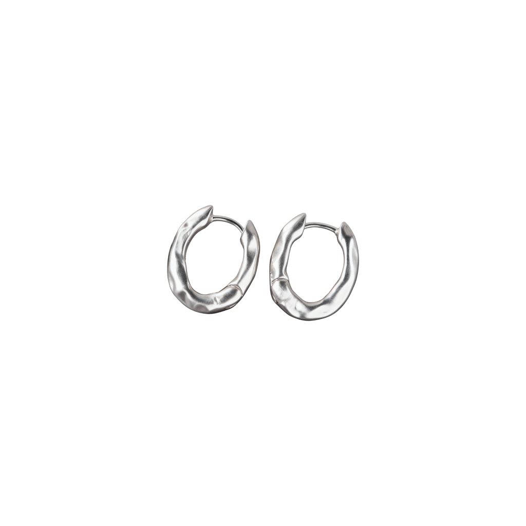 Frosted Oval Earrings in 925 silver plated with silver, hoop style design on black background.