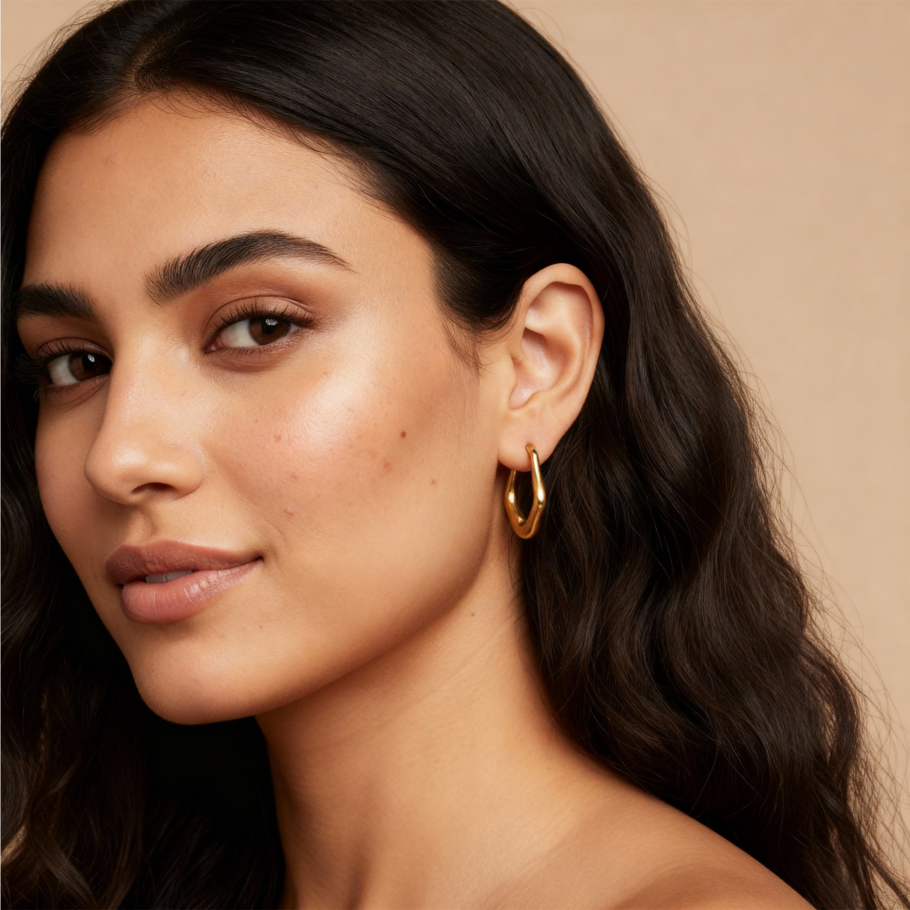 Woman wearing Sienna Wavy Hoops 925 silver earrings with 18K gold plating.