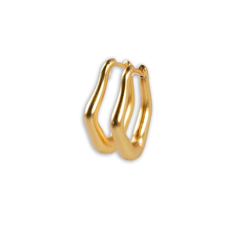 Sienna Wavy Hoops, an 18K gold plated 925 silver earring pair with wavy oval design, shown from a front angle.