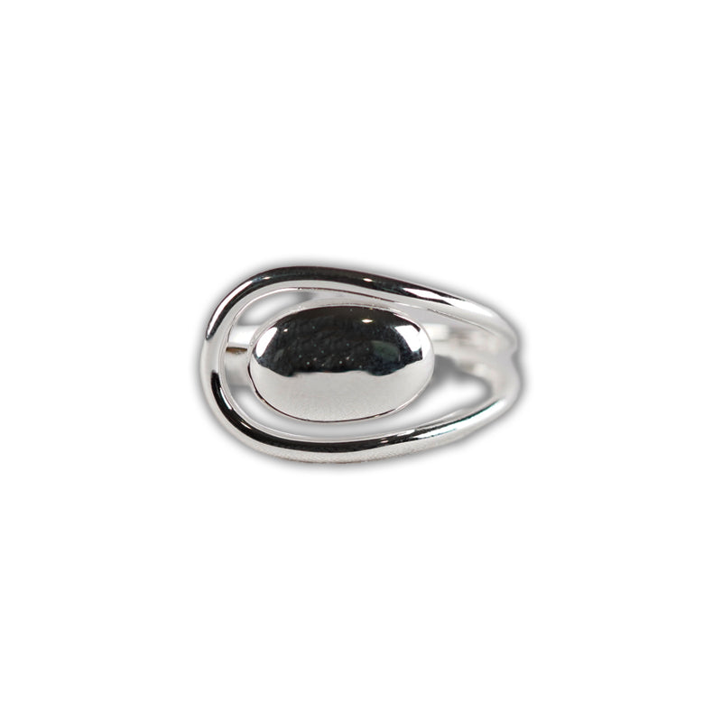 Mira Ring- Silver, a 925 silver ring with an organic oval shape, shown at an angle on white background.