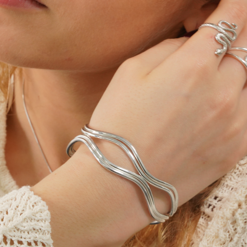 # Valentina Bangle 925 Silver Plated Wavy Infinity Design Cuff Bracelet on Wrist