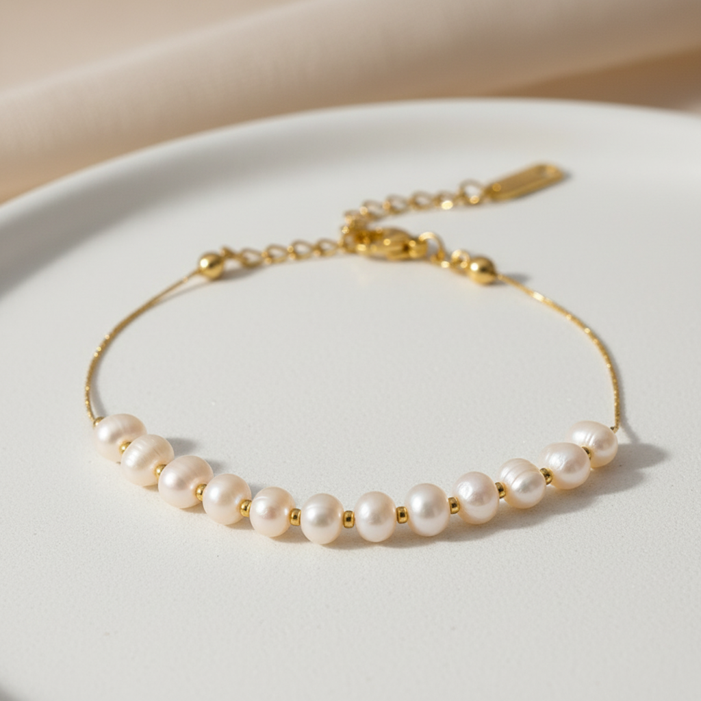Perla Bracelet featuring freshwater pearls on gold-plated stainless steel chain with adjustable clasp