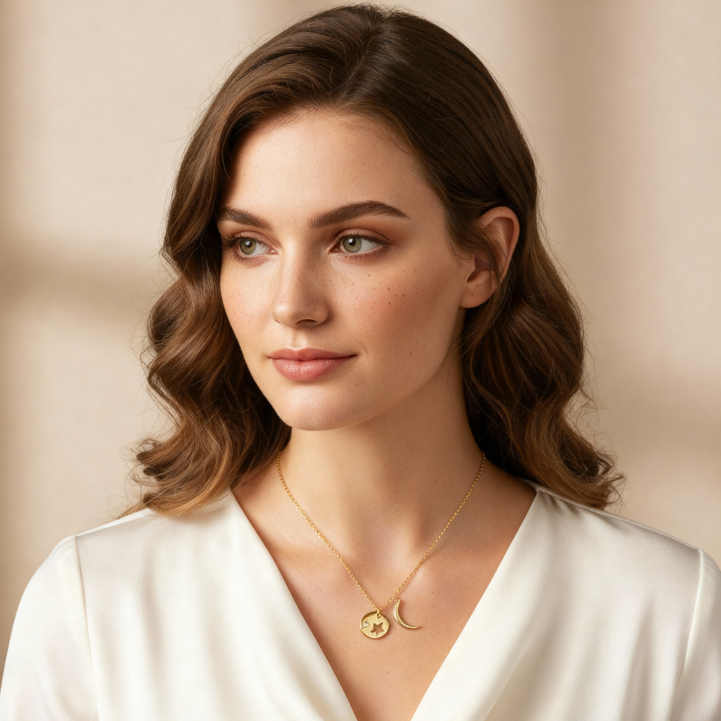 Woman wearing Esther Necklace, 18K gold plated 925 silver with moon and star pendants.