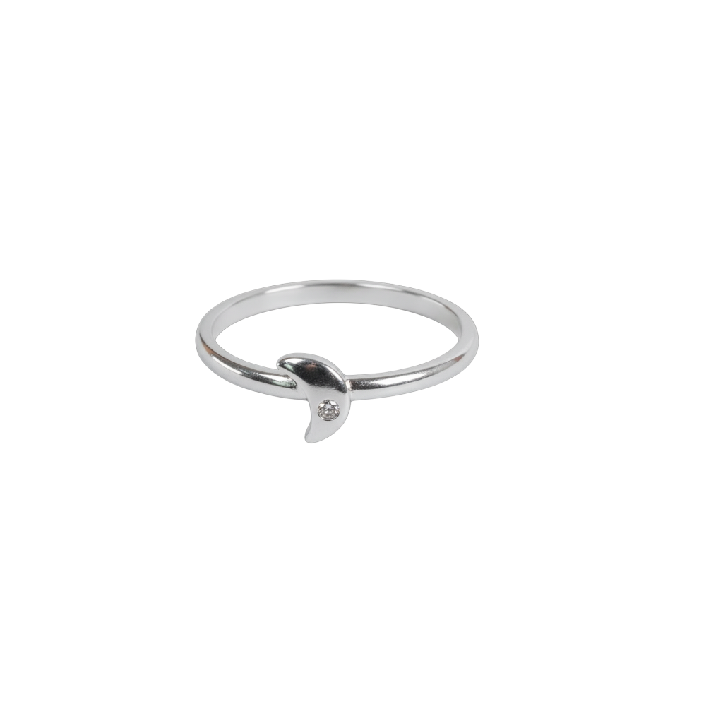 Luna Ring, delicate 925 silver whale tail design with small diamond accent stone.