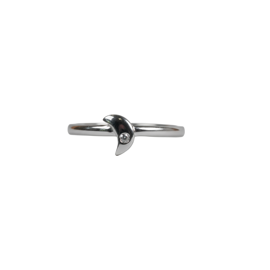 Luna Ring in 925 silver with crescent moon design and small clear crystal stone accent.