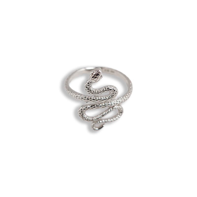 Cobra Ring, a 925 silver ring shaped like a coiled snake with textured scales, shown at an angle.