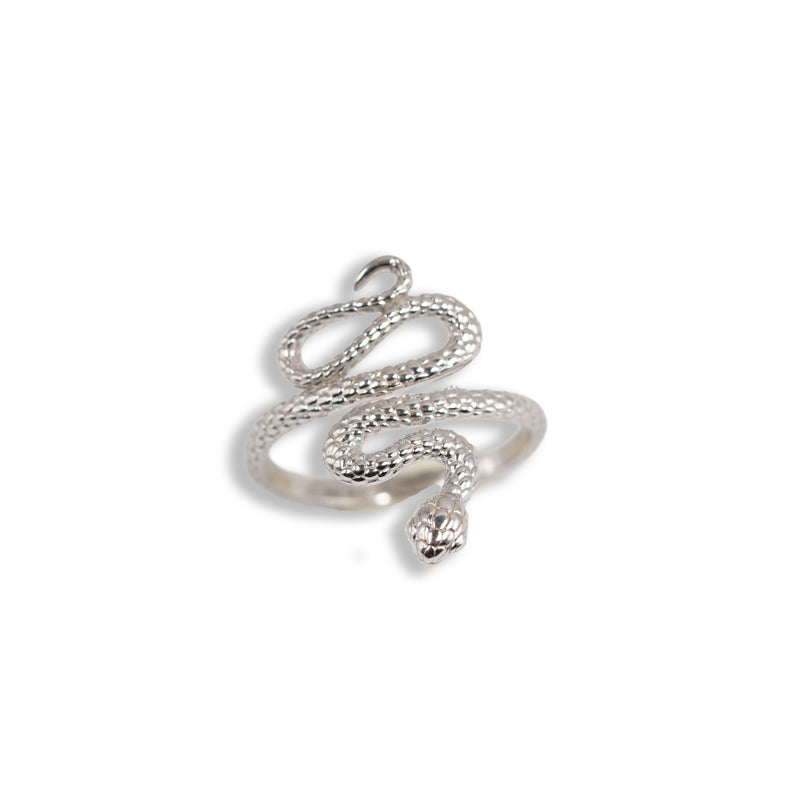 Cobra Ring, a 925 silver ring shaped like a coiled snake with textured scales, shown from above.