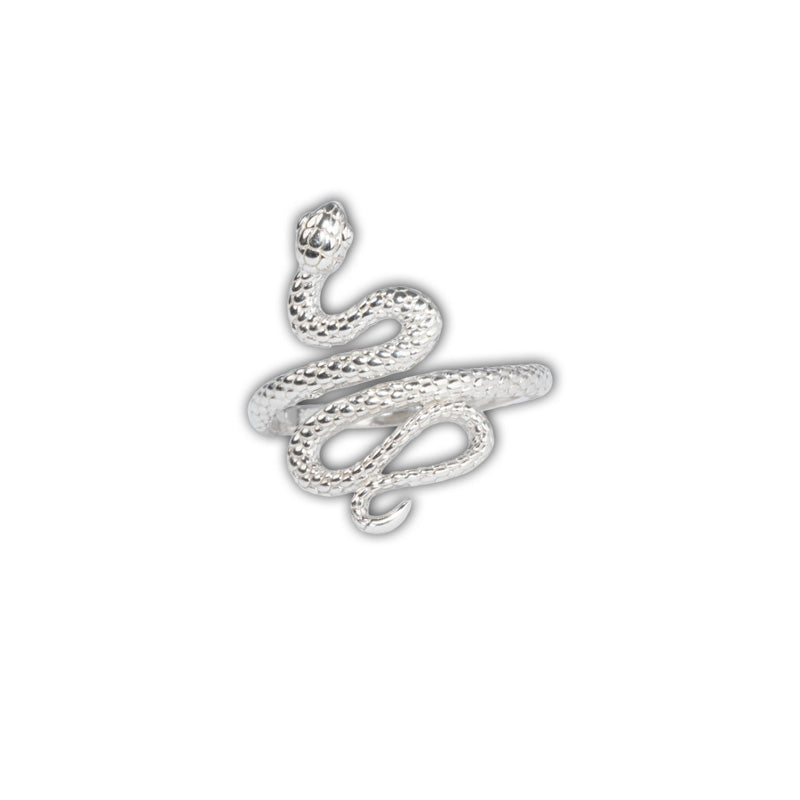 Cobra Ring, a 925 silver ring shaped like a coiled snake, shown at an angle.